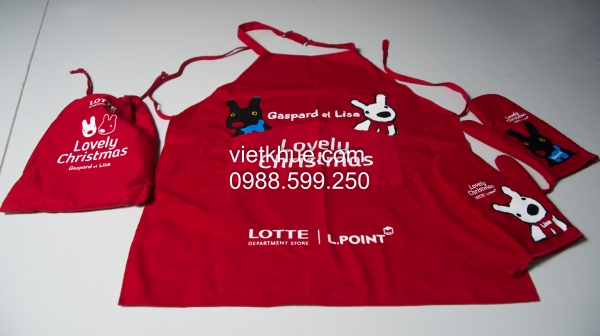 Bộ set tạp dề, găng tay, túi vải in logo của Lotte Việt Nam
